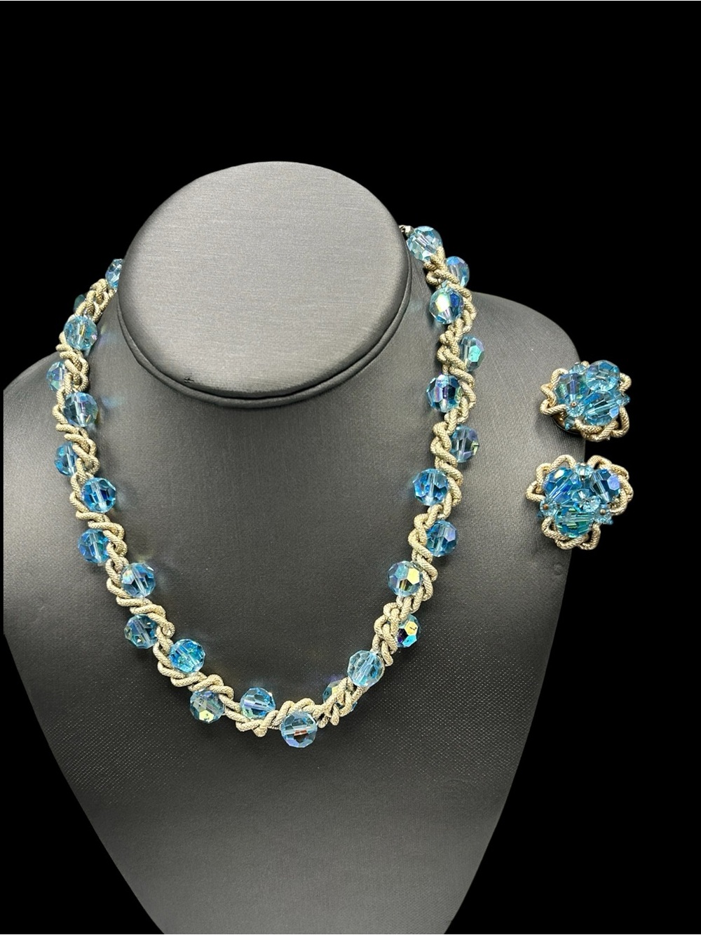 Vintage Blue AB Glass Bead Woven Chain Necklace Earring Set